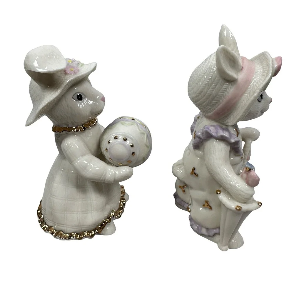 Lenox Limited Edition 2004 2005 Easter Stroll Bunny Figurine Set 2 Porcelain